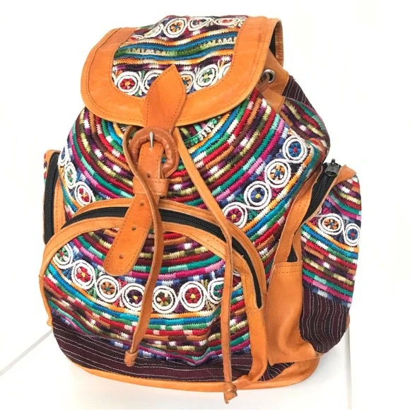 Vintage | Bags | Guatemalan Embroidered Leather Backpack 